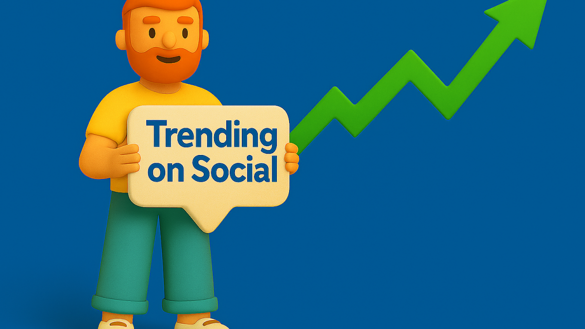 Clay-style 2D illustration of a smiling character holding a speech bubble that says "Trending on Social," with a green upward-trending arrow on a blue grid background, symbolizing rising social media engagement trends.