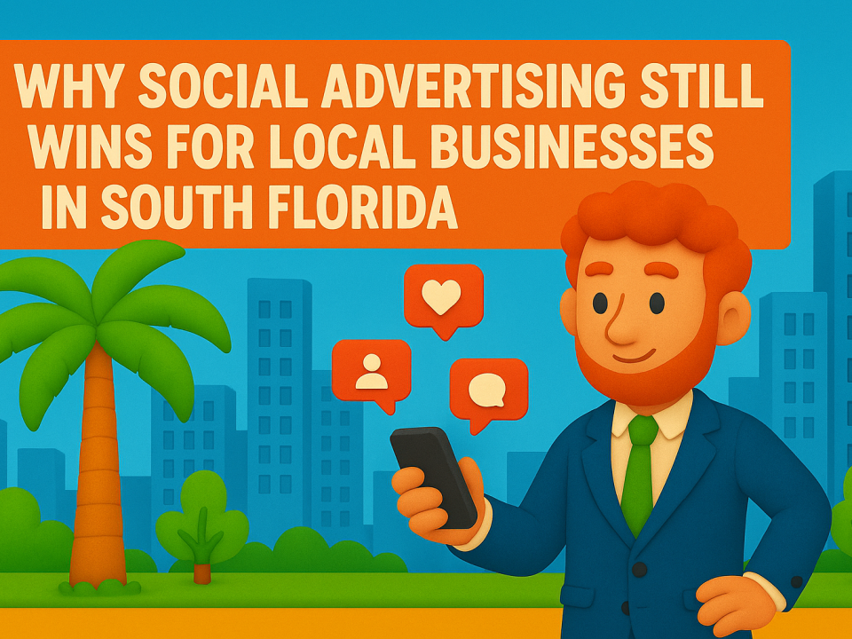 2D claymation character promoting social media advertising for businesses in Palm Beach, Broward, and Miami-Dade counties