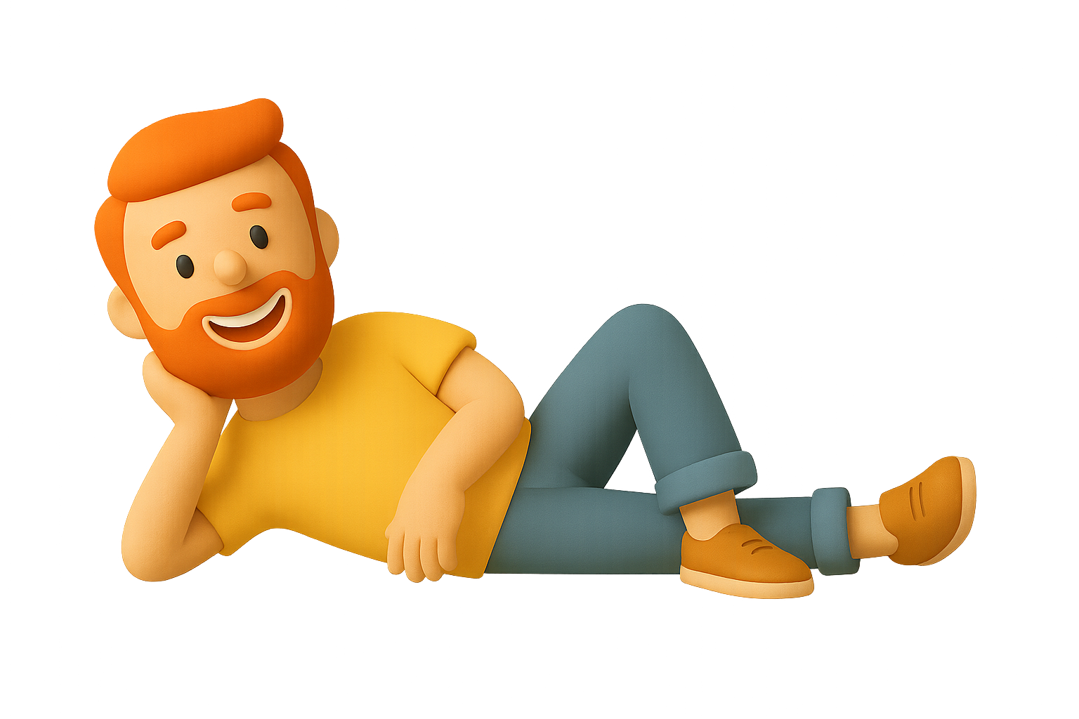 2D claymation-style male character with red hair and beard, laying on his side, pointing downward to his left with a friendly smile, wearing mustard-yellow shirt, teal pants, and brown shoes, on a white background.