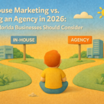 Claymation-style illustration of a redheaded marketer sitting at a fork in the road choosing between in-house marketing and hiring an agency, set in a South Florida landscape.