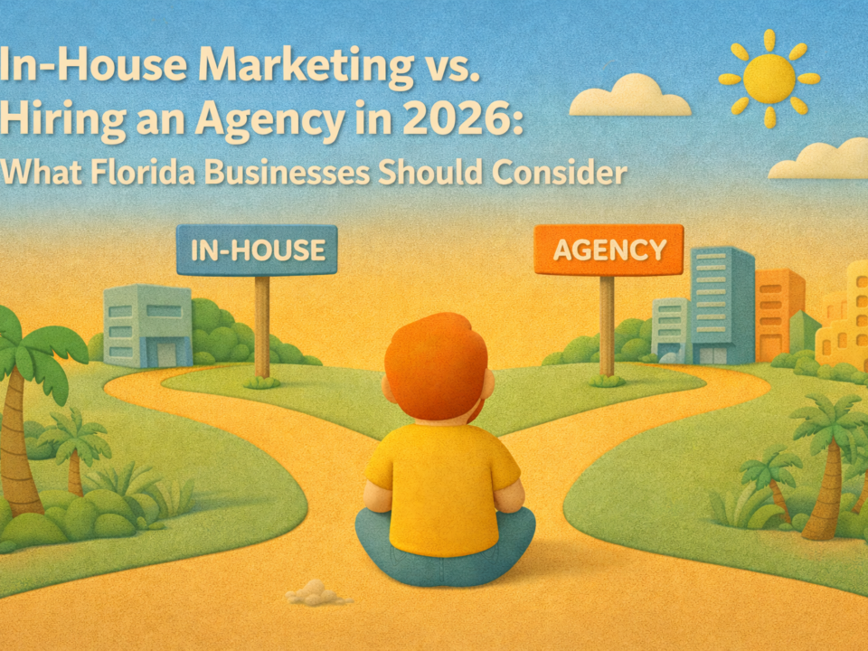Claymation-style illustration of a redheaded marketer sitting at a fork in the road choosing between in-house marketing and hiring an agency, set in a South Florida landscape.