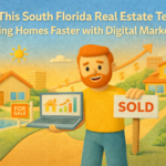 Claymation-style illustration of a redheaded marketer holding a laptop and a ‘Sold’ sign in a sunny South Florida neighborhood with homes and palm trees.