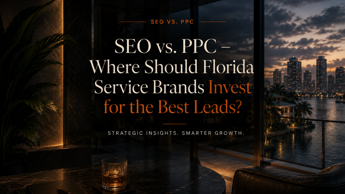 illustration of a redheaded marketer standing at a fork in the road choosing between SEO and PPC, set in a sunny South Florida landscape with palm trees and city backdrop.