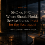 illustration of a redheaded marketer standing at a fork in the road choosing between SEO and PPC, set in a sunny South Florida landscape with palm trees and city backdrop.