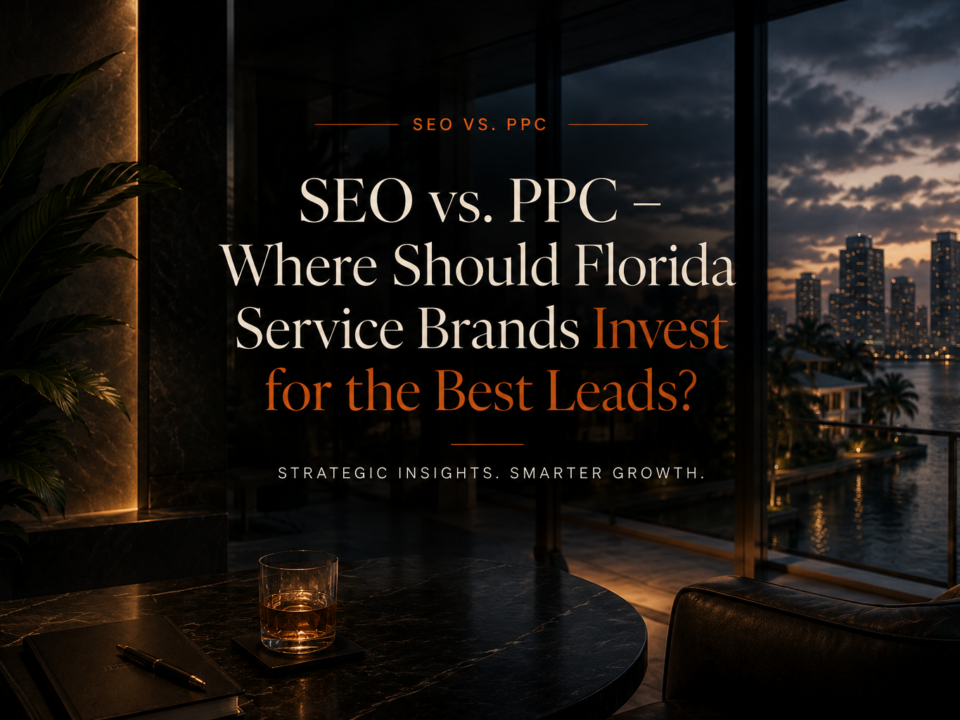 illustration of a redheaded marketer standing at a fork in the road choosing between SEO and PPC, set in a sunny South Florida landscape with palm trees and city backdrop.