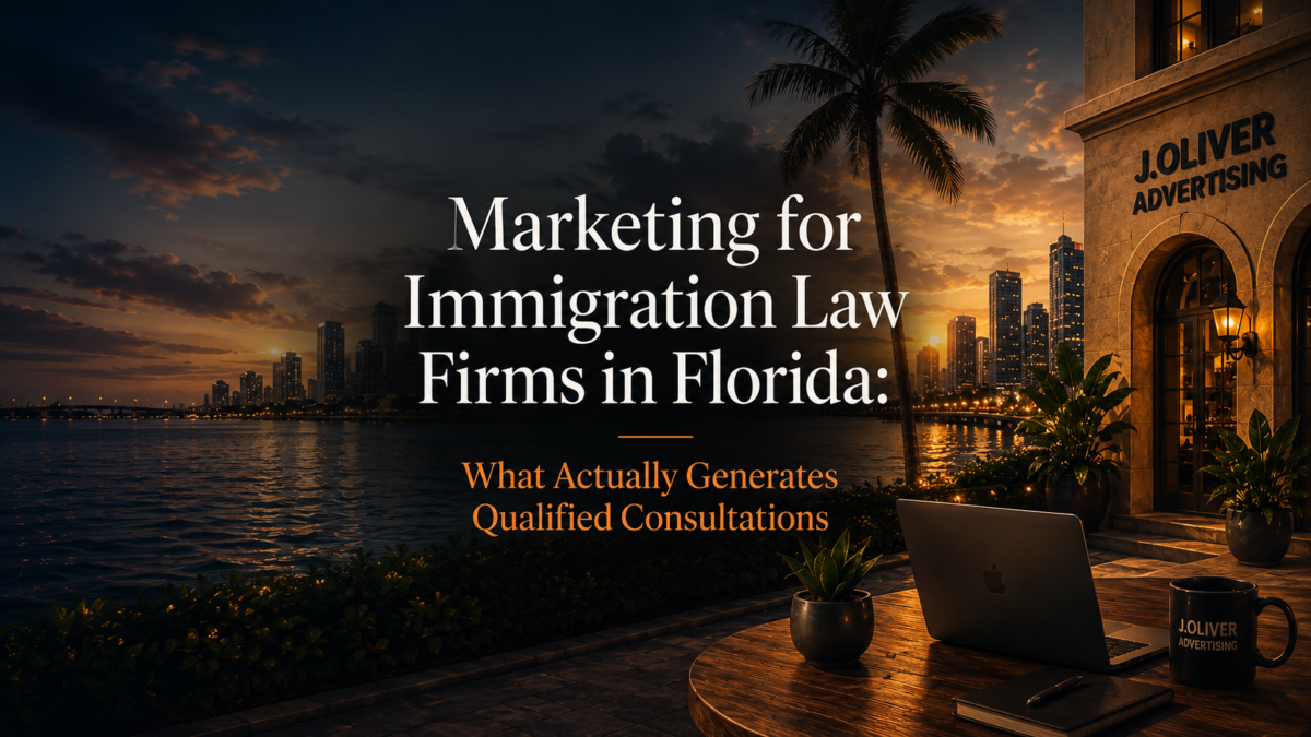 illustration of a digital marketer working on immigration law firm marketing strategies in Florida to generate qualified consultations and legal leads.