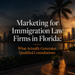 illustration of a digital marketer working on immigration law firm marketing strategies in Florida to generate qualified consultations and legal leads.