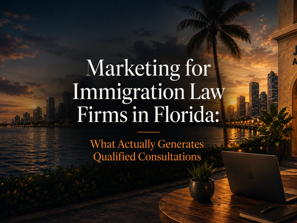 illustration of a digital marketer working on immigration law firm marketing strategies in Florida to generate qualified consultations and legal leads.