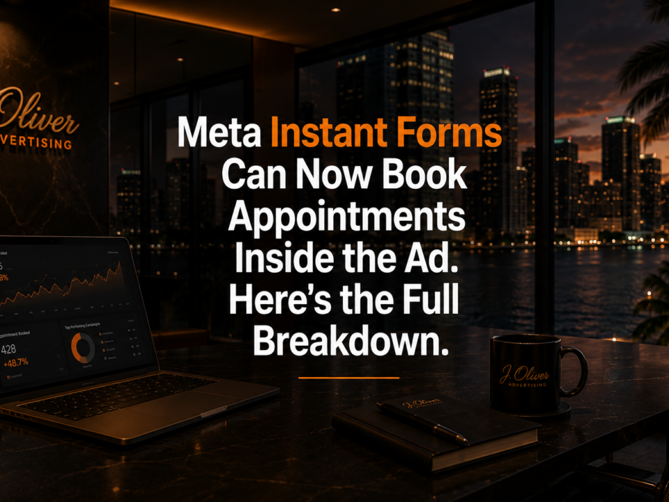 Executive strategy workspace overlooking the Miami skyline with marketing analytics representing Meta Instant Forms appointment booking for South Florida businesses.